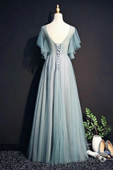 Beautiful Light Green Tulle Long Party Dress, Green Lace Low Back Prom Dress Evening Dress