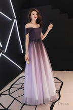 Beautiful Light Purple Gradient Tulle Long Formal Dress, Off Shoulder Prom Dress