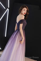 Beautiful Light Purple Gradient Tulle Long Formal Dress, Off Shoulder Prom Dress