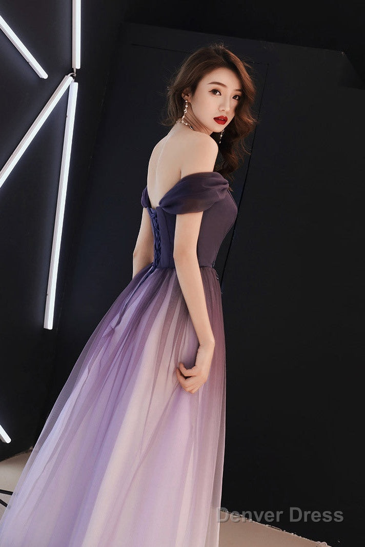 Beautiful Light Purple Gradient Tulle Long Formal Dress, Off Shoulder Prom Dress