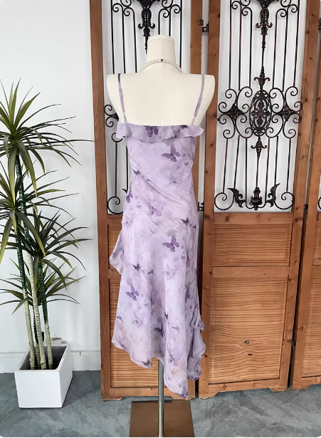 Beautiful Light Purple Spaghetti Strap Butterfly Printed Chiffon Prom Dresses Secondary image