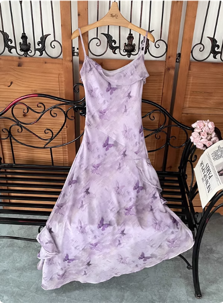 Beautiful Light Purple Spaghetti Strap Butterfly Printed Chiffon Prom Dresses