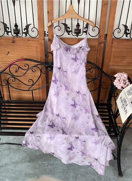 Beautiful Light Purple Spaghetti Strap Butterfly Printed Chiffon Prom Dresses