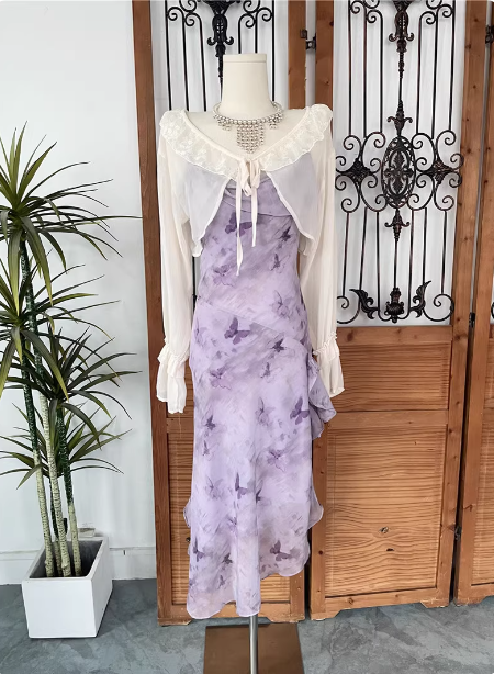 Beautiful Light Purple Spaghetti Strap Butterfly Printed Chiffon Prom Dresses