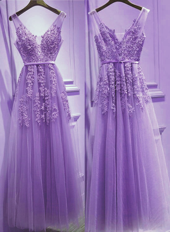 Beautiful Light Purple Tulle V-Neckline Prom Dresses , Tulle Prom Gown Secondary image