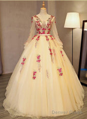 Beautiful Light Yellow Long Sleeves Quinceanera Dress, Ball Gown Sweet 16 Dress