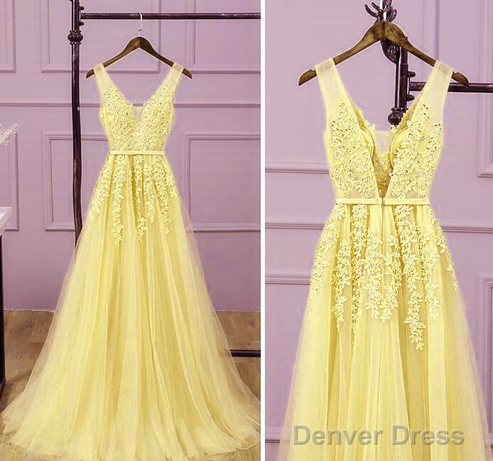 Beautiful Light Yellow Tulle Long Party Dress, A-Line Prom Dress Evening Gowns