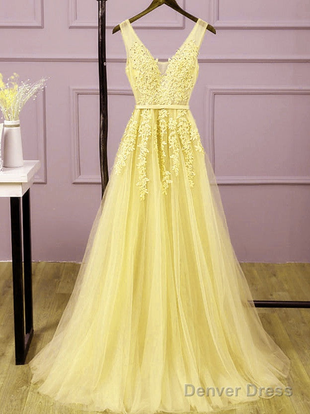 Beautiful Light Yellow Tulle Long Party Dress, A-Line Prom Dress Evening Gowns