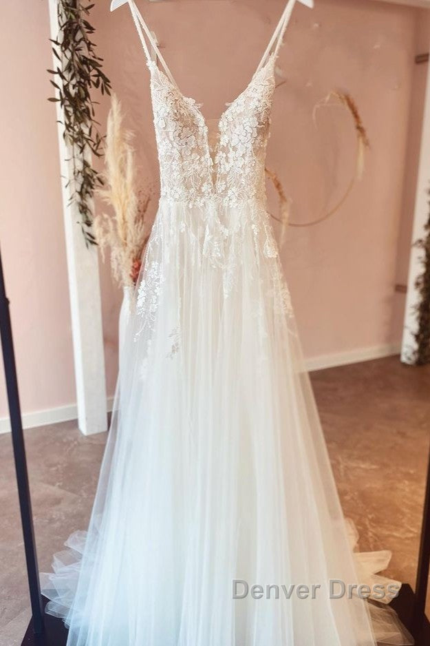 Beautiful Long A-line Backless Tulle Wedding Dresses with Appliques Lace Secondary image