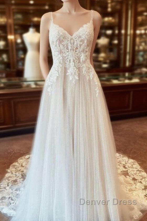 Beautiful Long A-line Backless Tulle Wedding Dresses with Appliques Lace Main image