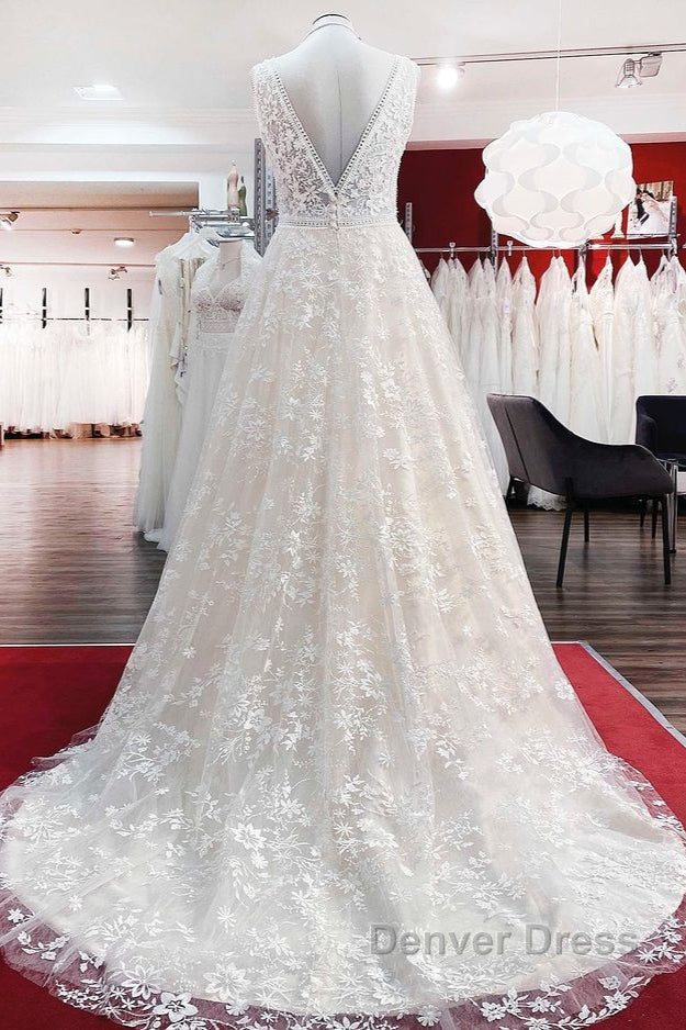 Beautiful Long A Line Lace Appliques Tulle Open Back Wedding Dresses Secondary image