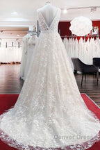 Beautiful Long A Line Lace Appliques Tulle Open Back Wedding Dresses