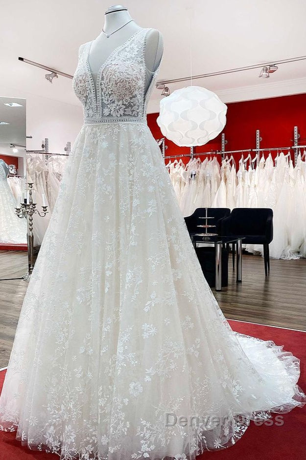 Beautiful Long A Line Lace Appliques Tulle Open Back Wedding Dresses
