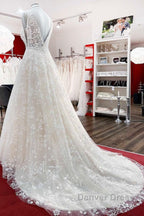 Beautiful Long A Line Lace Appliques Tulle Open Back Wedding Dresses