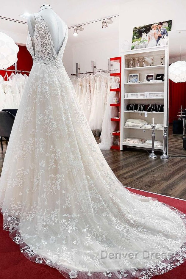 Beautiful Long A Line Lace Appliques Tulle Open Back Wedding Dresses