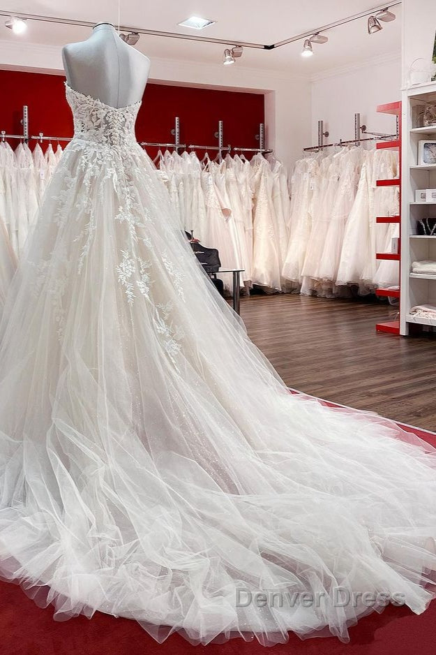Beautiful Long A Line Strapless Tulle Ivory Wedding Dresses with Appliques Lace