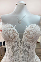 Beautiful Long A Line Strapless Tulle Ivory Wedding Dresses with Appliques Lace