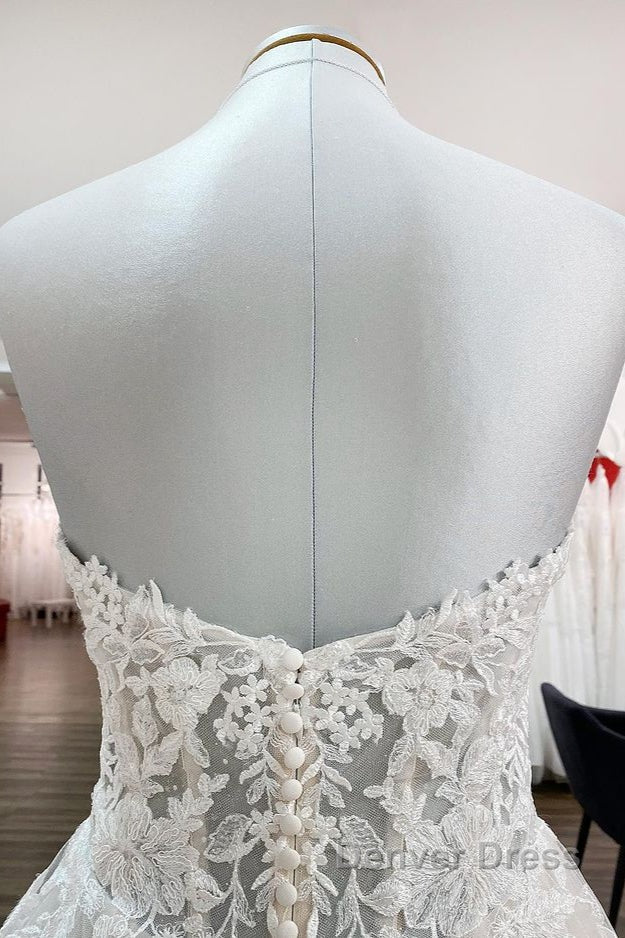 Beautiful Long A Line Strapless Tulle Ivory Wedding Dresses with Appliques Lace