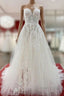 Beautiful Long A-line Strapless Tulle Ivory Wedding Dresses with Appliques Lace