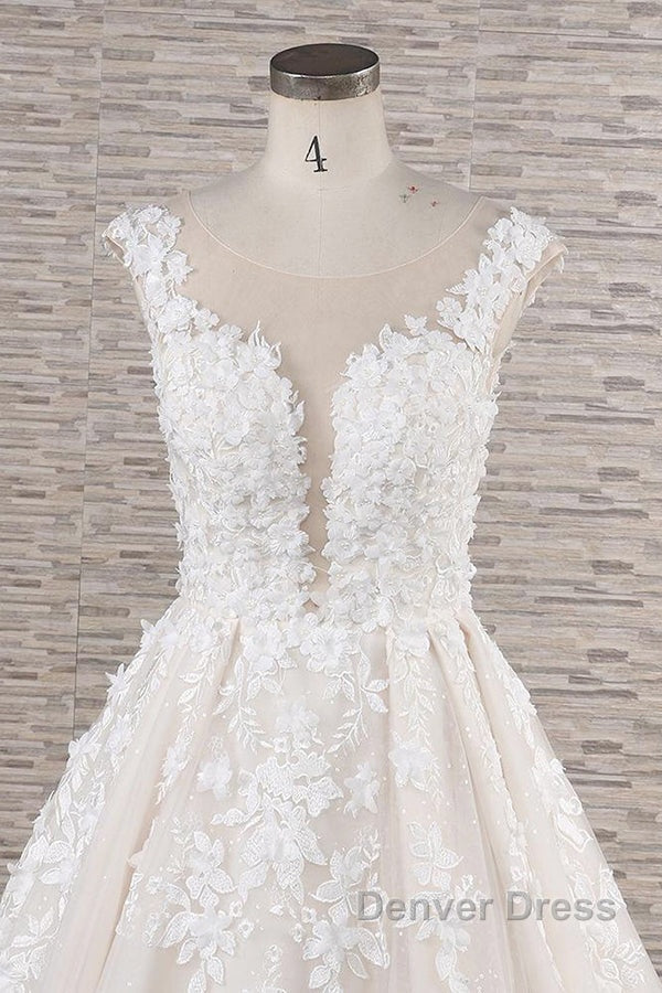Beautiful Long A-line Tulle Lace Appliques Backless Wedding Dresses