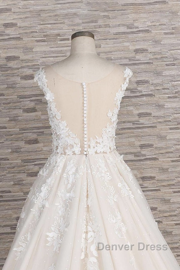 Beautiful Long A-line Tulle Lace Appliques Backless Wedding Dresses