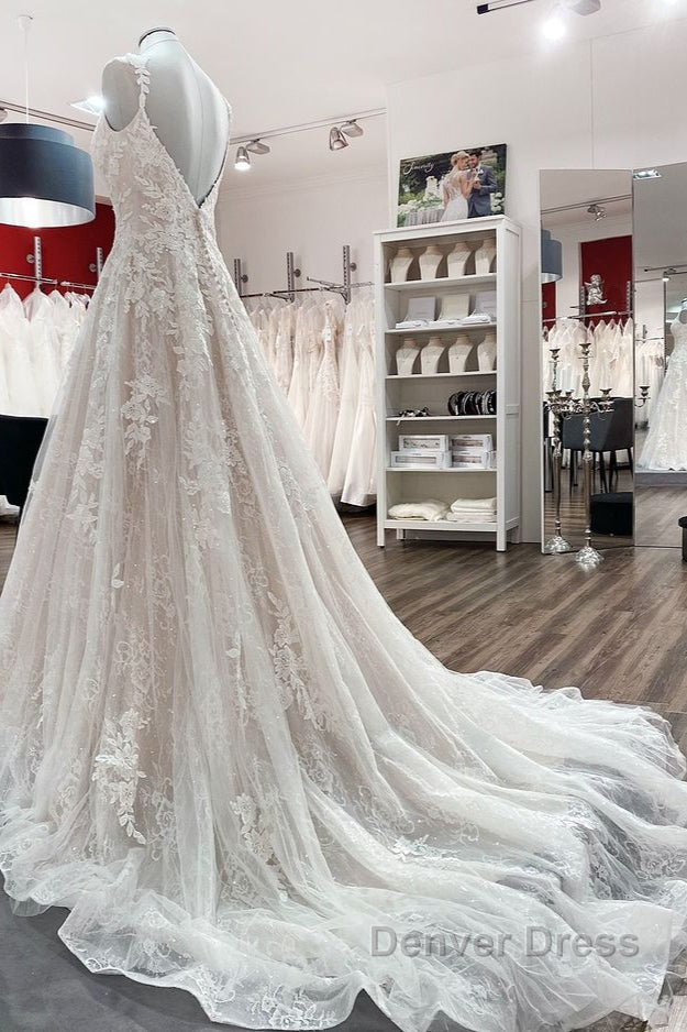 Beautiful Long A Line Tulle Lace V Neck Open Back Wedding Dresses