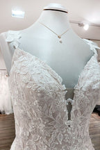 Beautiful Long A Line Tulle Lace V Neck Open Back Wedding Dresses