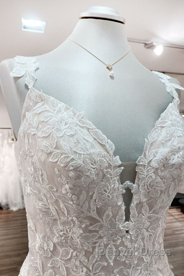Beautiful Long A Line Tulle Lace V Neck Open Back Wedding Dresses