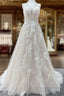 Beautiful Long A-line Tulle Lace V Neck Open Back Wedding Dresses