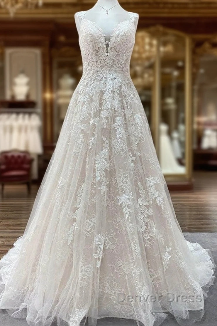 Beautiful Long A Line Tulle Lace V Neck Open Back Wedding Dresses Main image