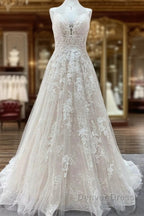 Beautiful Long A Line Tulle Lace V Neck Open Back Wedding Dresses
