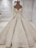 Beautiful Long Sleevess V neck Appliques Ball Gown Wedding Dresses