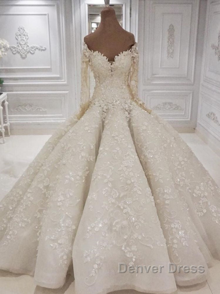 Beautiful Long Sleevess V neck Appliques Ball Gown Wedding Dresses