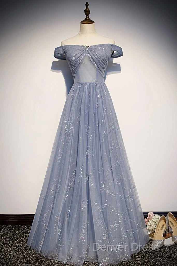 Beautiful Long Strapless Blue Tulle Beaded Long, A Line Off Shoulder Prom Dresses Secondary image
