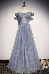 Beautiful Long Strapless Blue Tulle Beaded Long, A Line Off Shoulder Prom Dresses