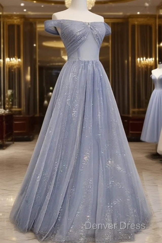 Beautiful Long Strapless Blue Tulle Beaded Long, A Line Off Shoulder Prom Dresses Main image