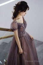 Beautiful Long Tulle Short Sleeves Beaded Junior Prom Dress, A-Line Evening Dresses