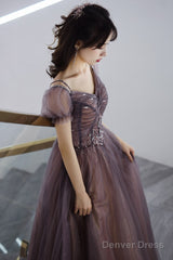 Beautiful Long Tulle Short Sleeves Beaded Junior Prom Dress, A-Line Evening Dresses