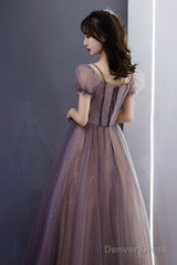 Beautiful Long Tulle Short Sleeves Beaded Junior Prom Dress, A-Line Evening Dresses