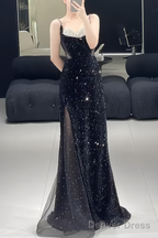 Beautiful Mermaid Straps Slit Black Long Prom Dresses