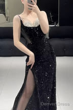 Beautiful Mermaid Straps Slit Black Long Prom Dresses