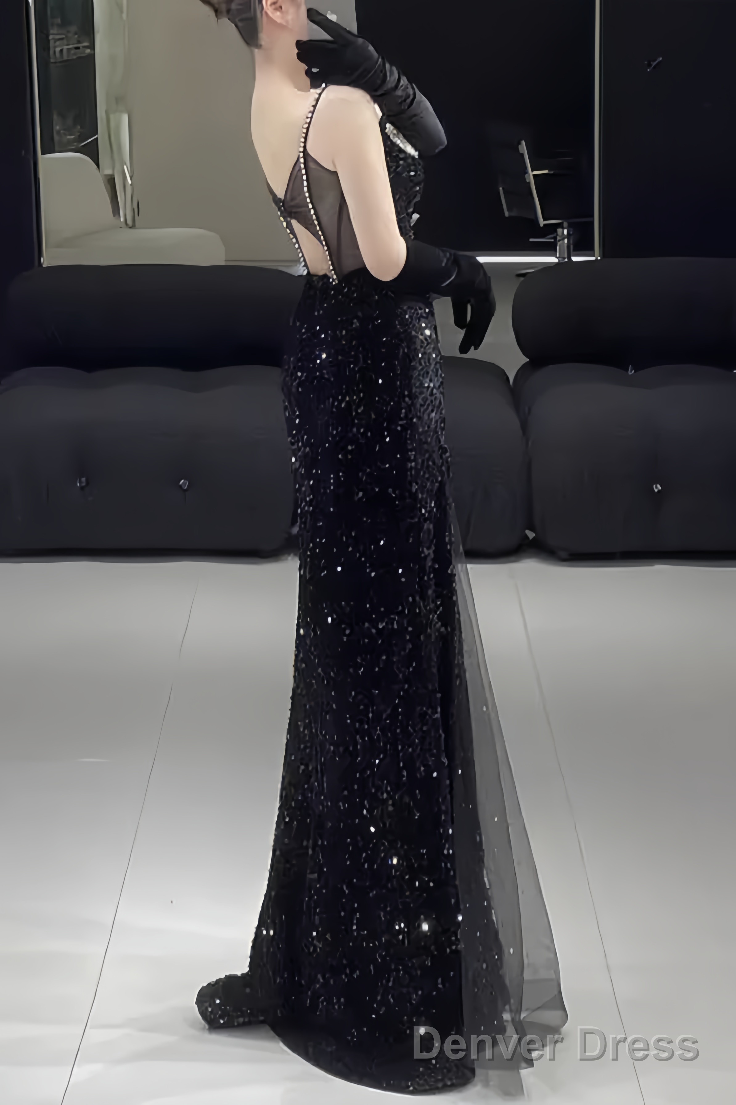 Beautiful Mermaid Straps Slit Black Long Prom Dresses