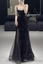 Beautiful Mermaid Straps Slit Black Long Prom Dresses