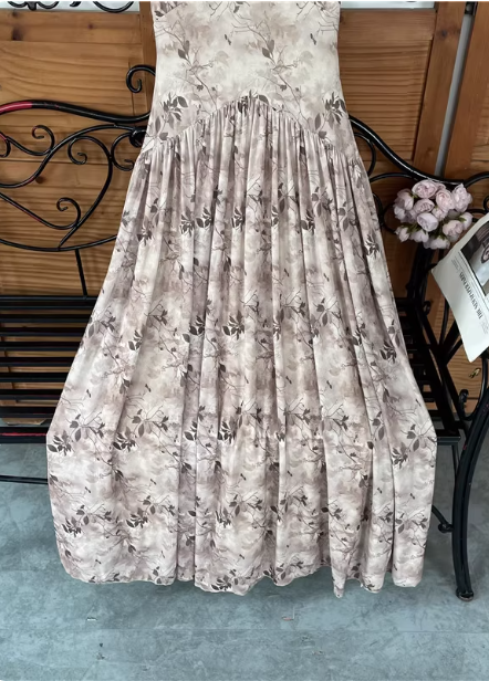 Beautiful Milk Tea Color Spaghetti Strap V-Neck Printed Satin Long Prom Dresses Evening Dresses