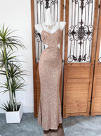 Beautiful Milk Tea Color Spaghetti Strap V-Neck Printed Satin Long Prom Dresses Evening Dresses