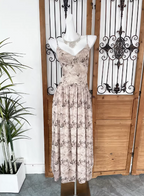 Beautiful Milk Tea Color Spaghetti Strap V-Neck Printed Satin Long Prom Dresses Evening Dresses