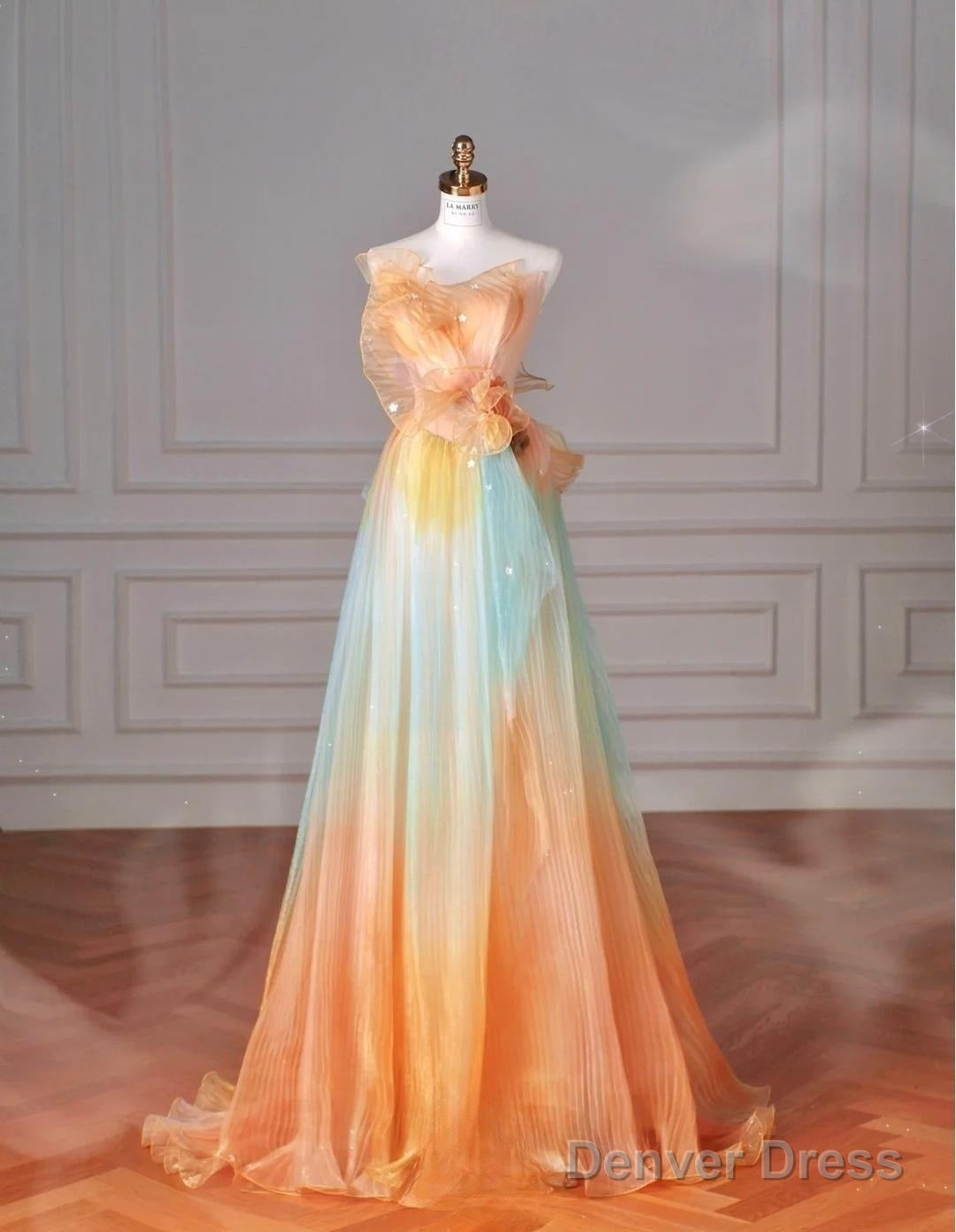 Beautiful Multicolor Strapless A-Line Tulle Long Prom Dress Wedding Dress Birthday Dress
