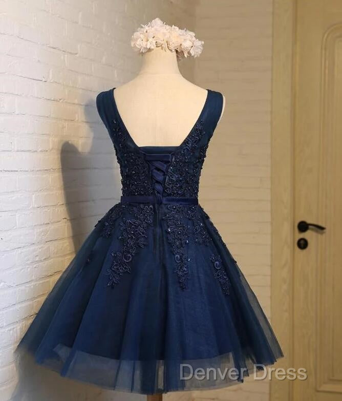 Beautiful Navy Blue Knee Length Homecoming Dress, V-Neckline Short Prom Dresses Secondary image