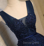 Beautiful Navy Blue Knee Length Homecoming Dress, V-Neckline Short Prom Dresses
