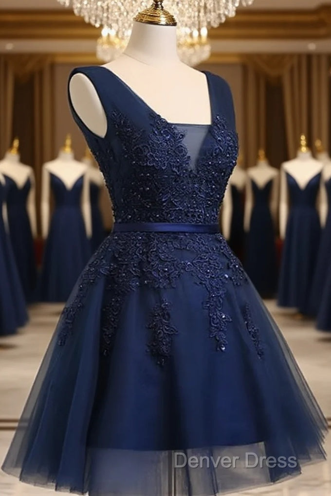Beautiful Navy Blue Knee Length Homecoming Dress, V-Neckline Short Prom Dresses Main image
